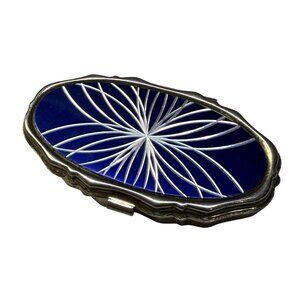Vintage Silver & Blue Enamel Oval Trinket Pill Box Spiral Starburst Design Japan